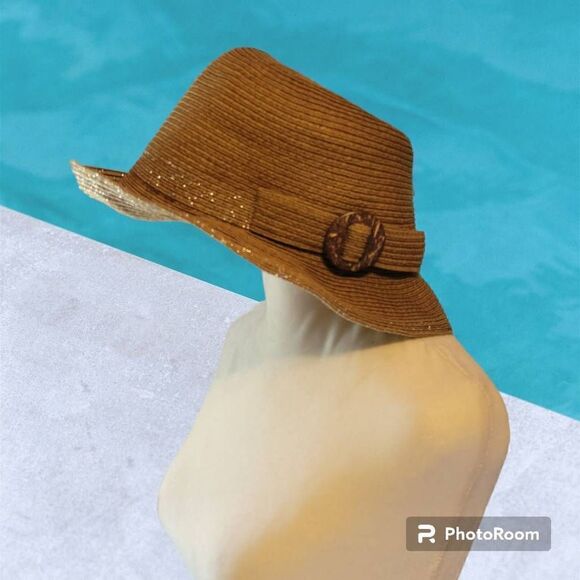 D&Y Brown Straw Fedora Hat with Silver Sparkle - Picture 1 of 7